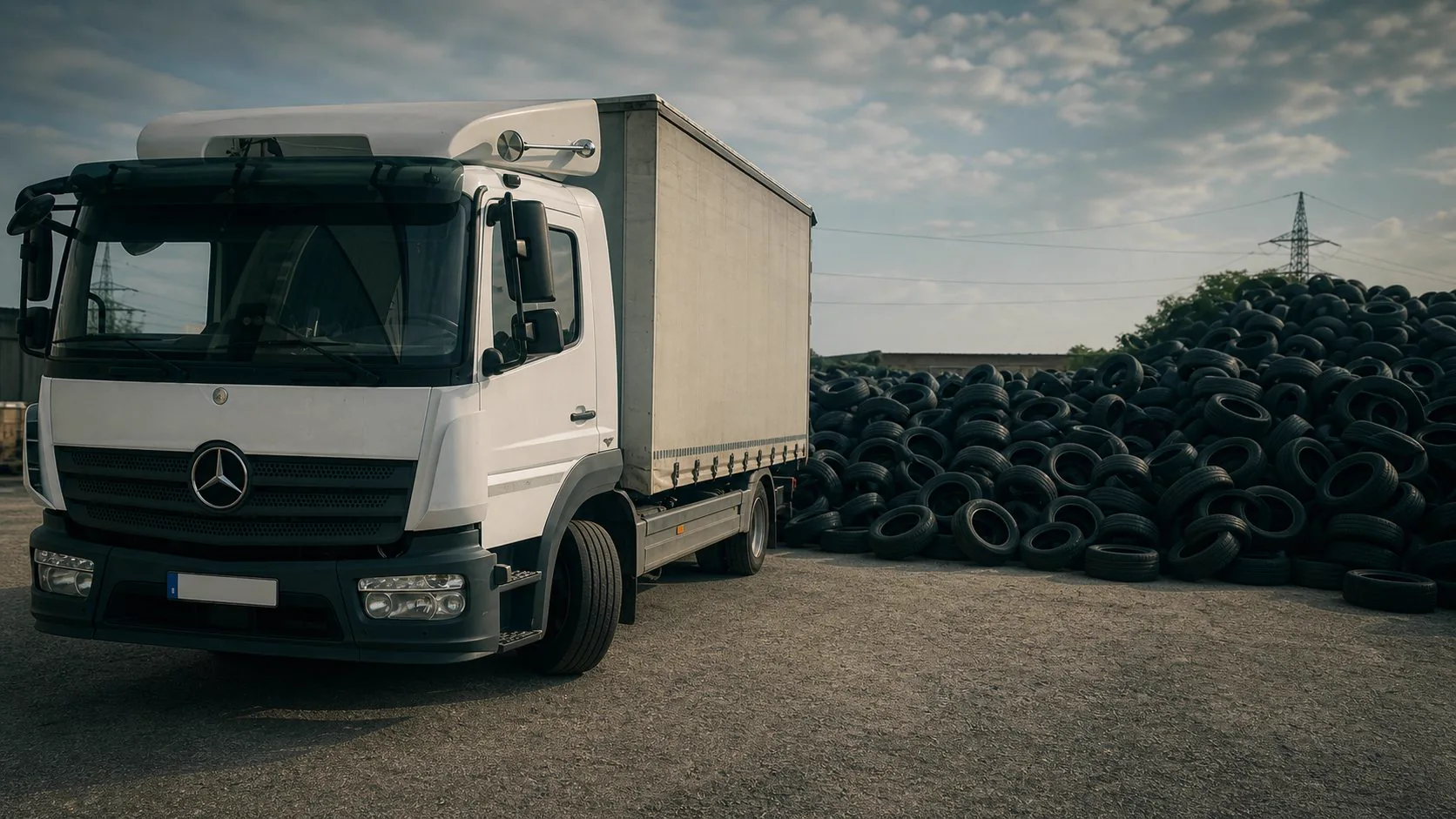 Lkw von POP neben gesammelten Reifen